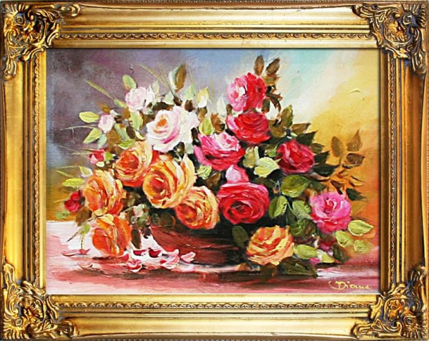 Tytul : Roze-Obraz malowany recznie,olej,plotno rama,sygnowany 47x37cm, cena 159zl wys.20zl. #kwiaty